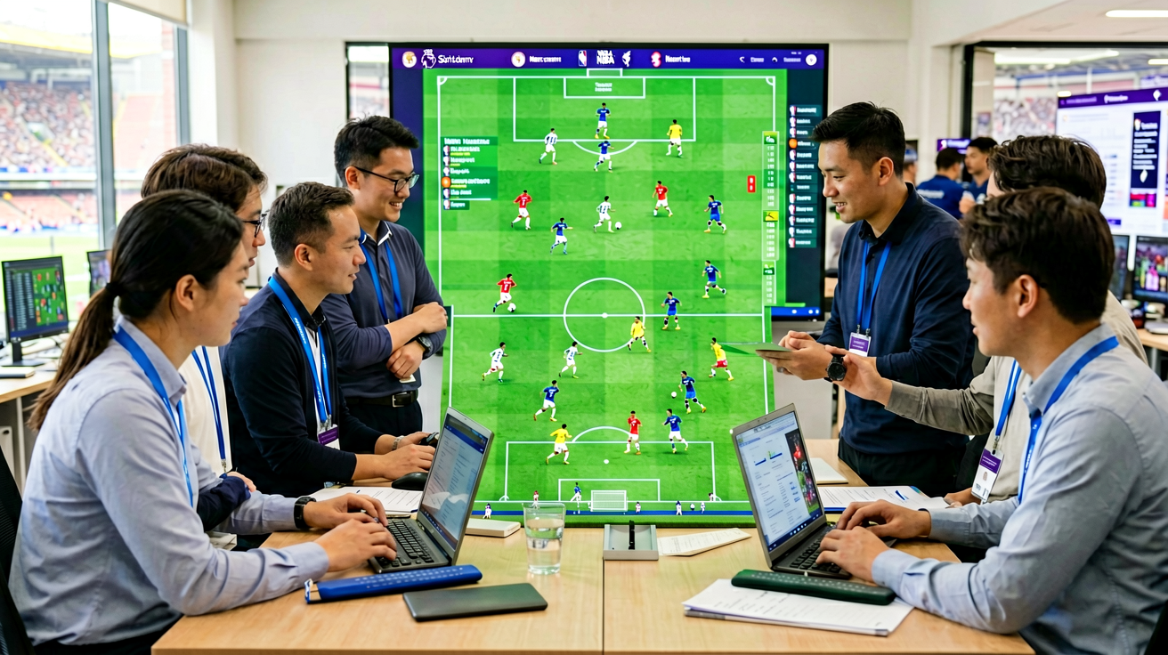 足球战术分析场景，展示教练团队研究比赛数据与对手阵型